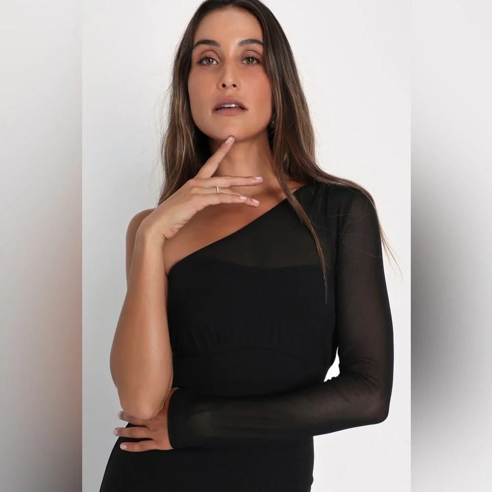 Lulus Stunning Essence One Shoulder Mermaid Maxi Dress Large Black Slit Mesh NWT - Picture 3 of 12
